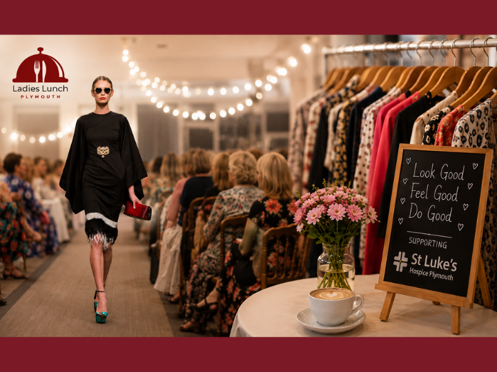 Pre-loved charity fashion show in Plymouth with women attending a networking event, runway model, clothing rails and fundraising for St Luke’s Hospice