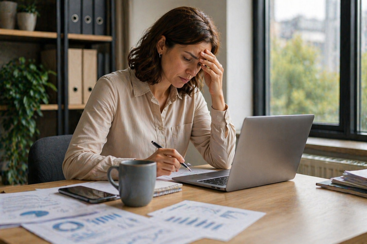 Business owner looking stressed while reviewing financial documents, illustrating the impact of delaying financial advice