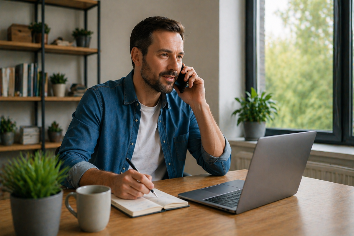 Business owner speaking on the phone while taking notes at a desk, appearing calm and focused in a bright office